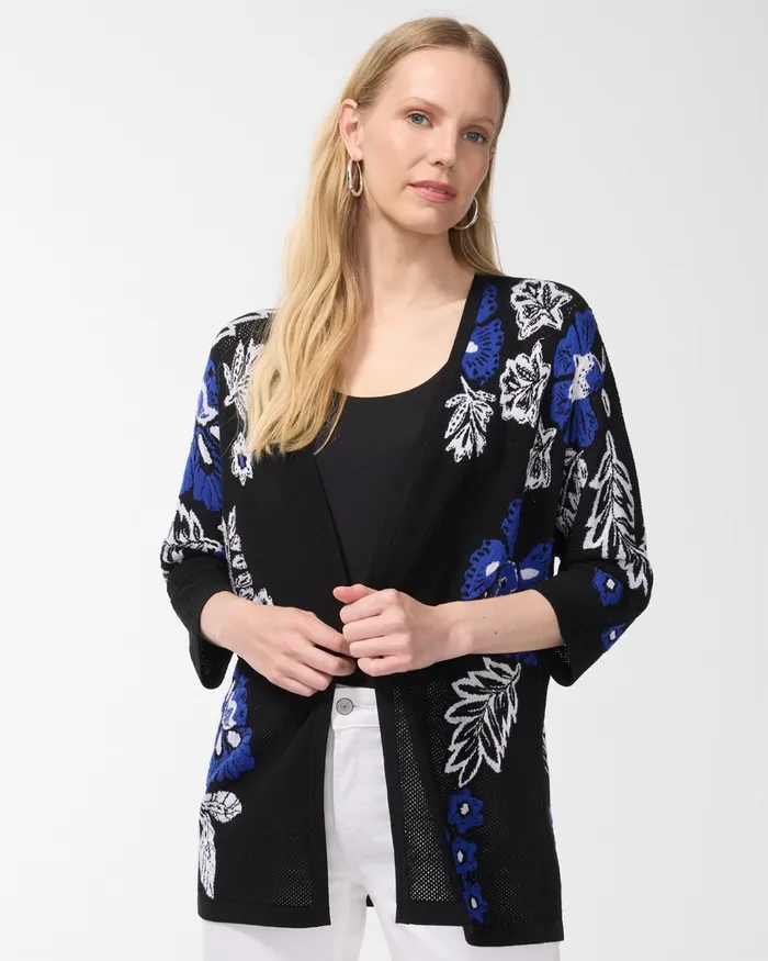 Chico039s Floral Print Mesh Cardigan Black Women Sweaters