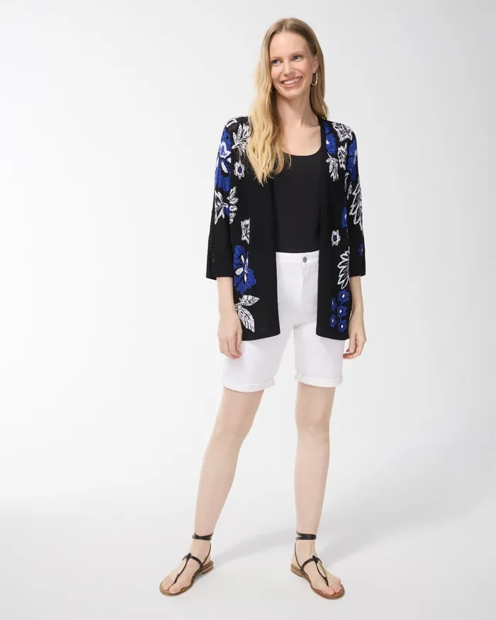 Chico039s Floral Print Mesh Cardigan Black Women Sweaters