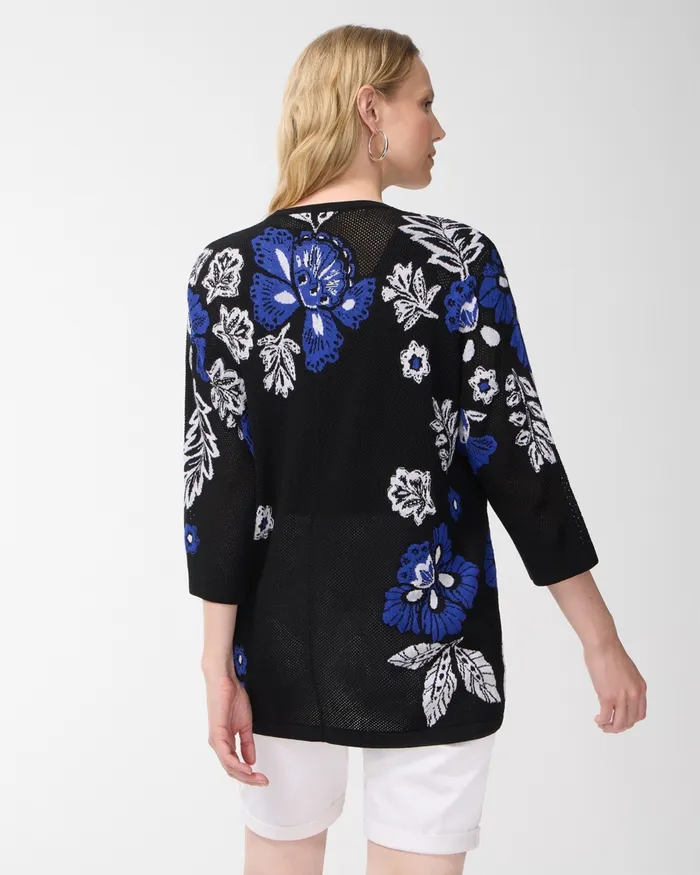 Chico039s Floral Print Mesh Cardigan Black Women Sweaters