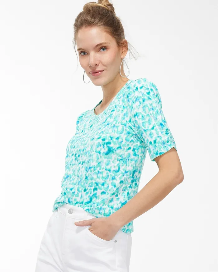 Chico039s Gathered Sleeve Dots Slub Tee Harbour Green Women Tops