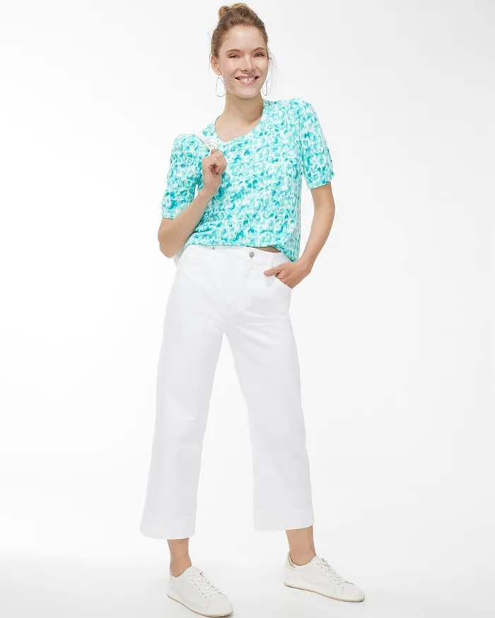 Chico039s Gathered Sleeve Dots Slub Tee Harbour Green Women Tops