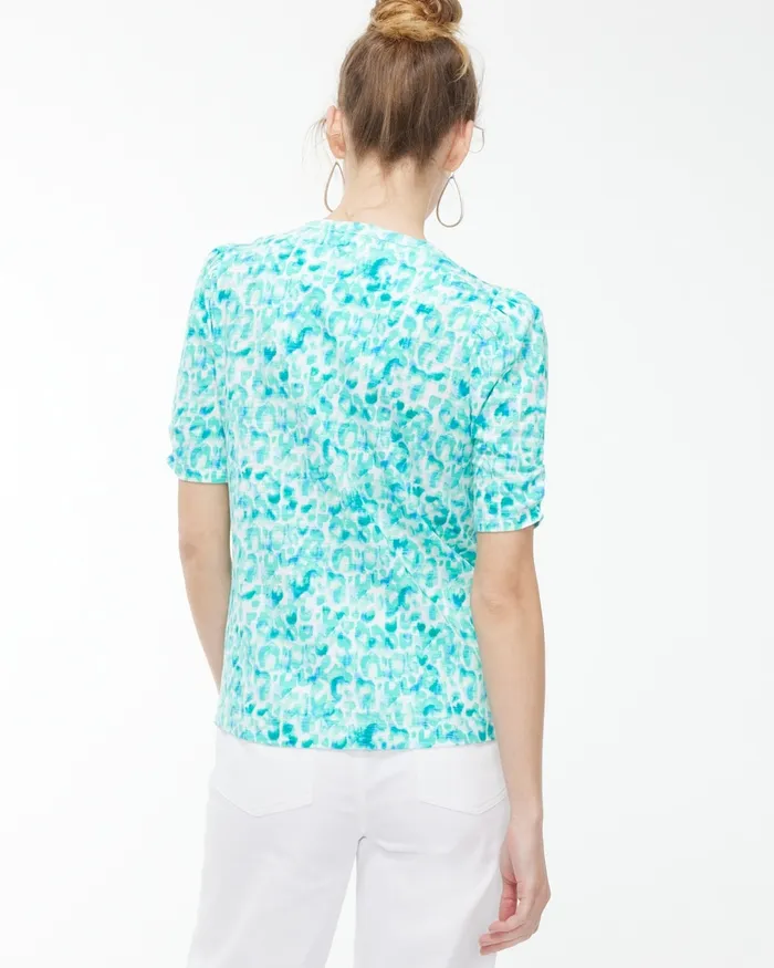 Chico039s Gathered Sleeve Dots Slub Tee Harbour Green Women Tops
