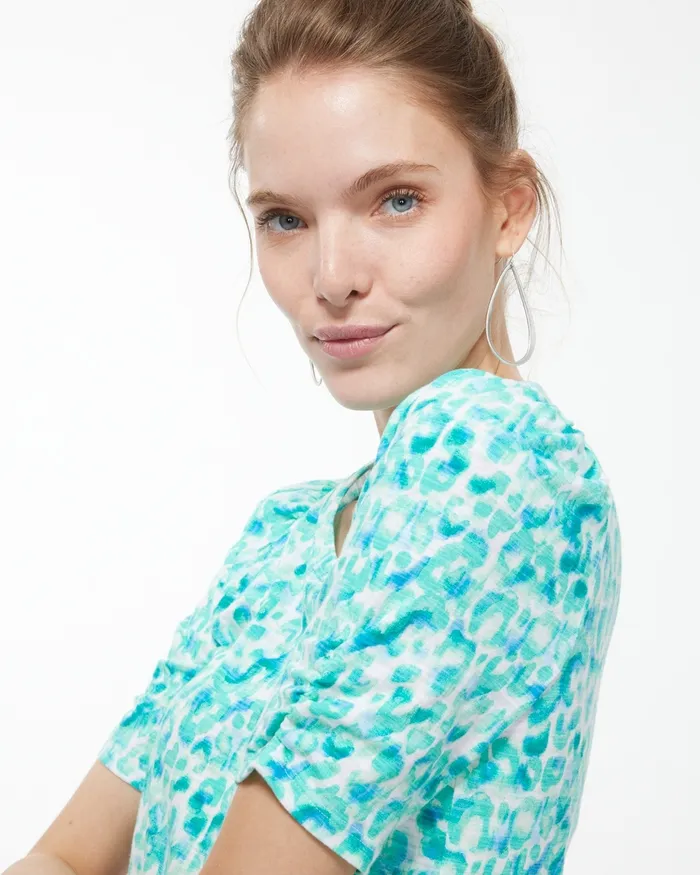 Chico039s Gathered Sleeve Dots Slub Tee Harbour Green Women Tops
