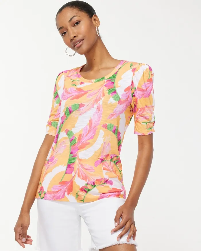 Chico039s Gathered Sleeve Foliage Slub Tee Mango Ice Women Tops