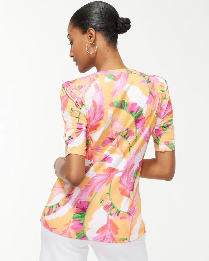 Chico039s Gathered Sleeve Foliage Slub Tee Mango Ice Women Tops