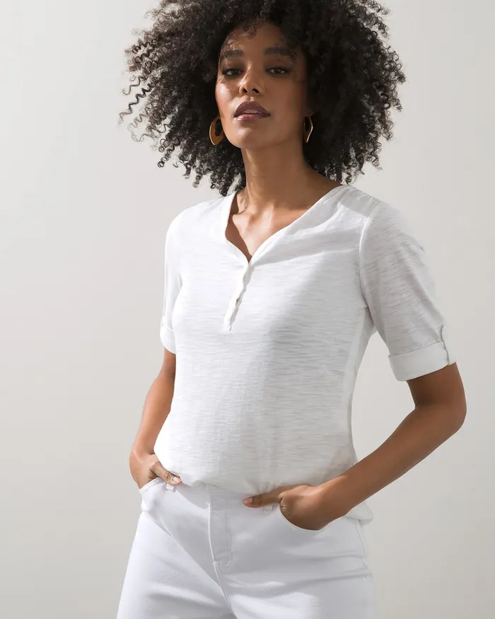 Chico039s Henley Elbow Sleeve Slub Tee Alabaster Women Tops