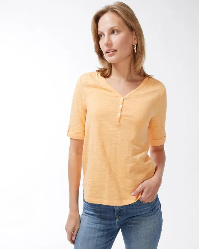 Chico039s Henley Elbow Sleeve Slub Tee Alabaster Women Tops