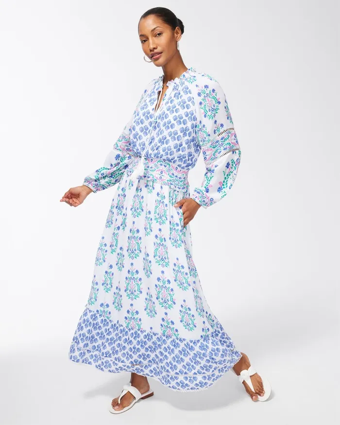 Chico039s Ikat Blouson Maxi Dress Alabaster Women Dresses and Skirts