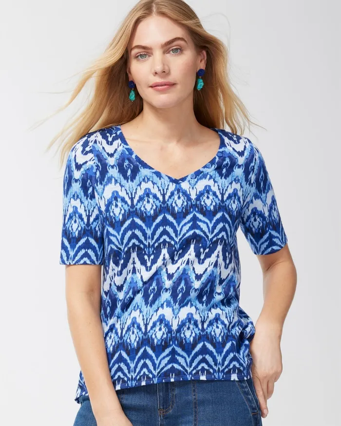 Chico039s Ikat Button Detail Cotton Slub Tee Amparo Blue Women Tops