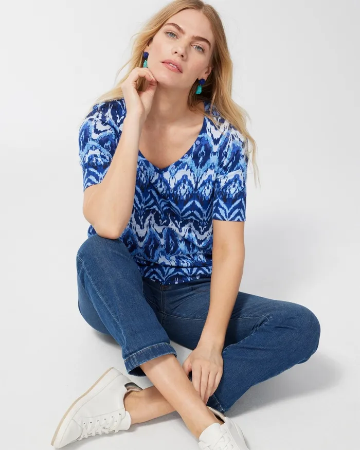 Chico039s Ikat Button Detail Cotton Slub Tee Amparo Blue Women Tops