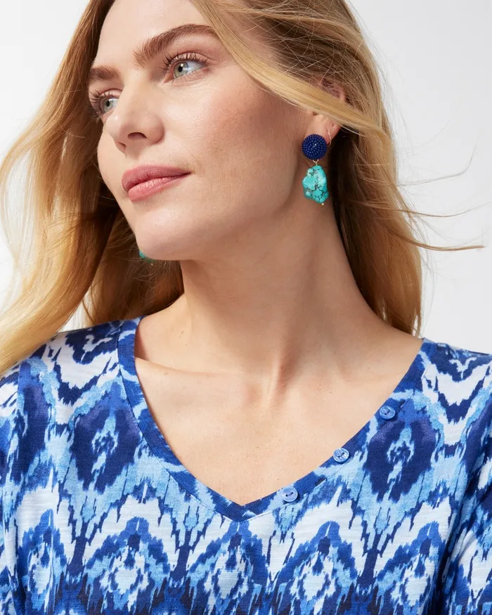 Chico039s Ikat Button Detail Cotton Slub Tee Amparo Blue Women Tops