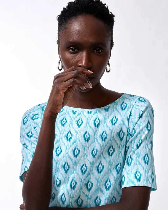 Chico039s Ikat Pima Elbow Sleeve Tee Agua Azul Women Tees