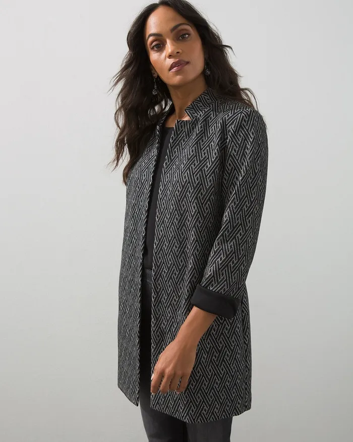 Chico039s Jacquard Multi Knit Blazer BlackWhite Women Jackets and Coats