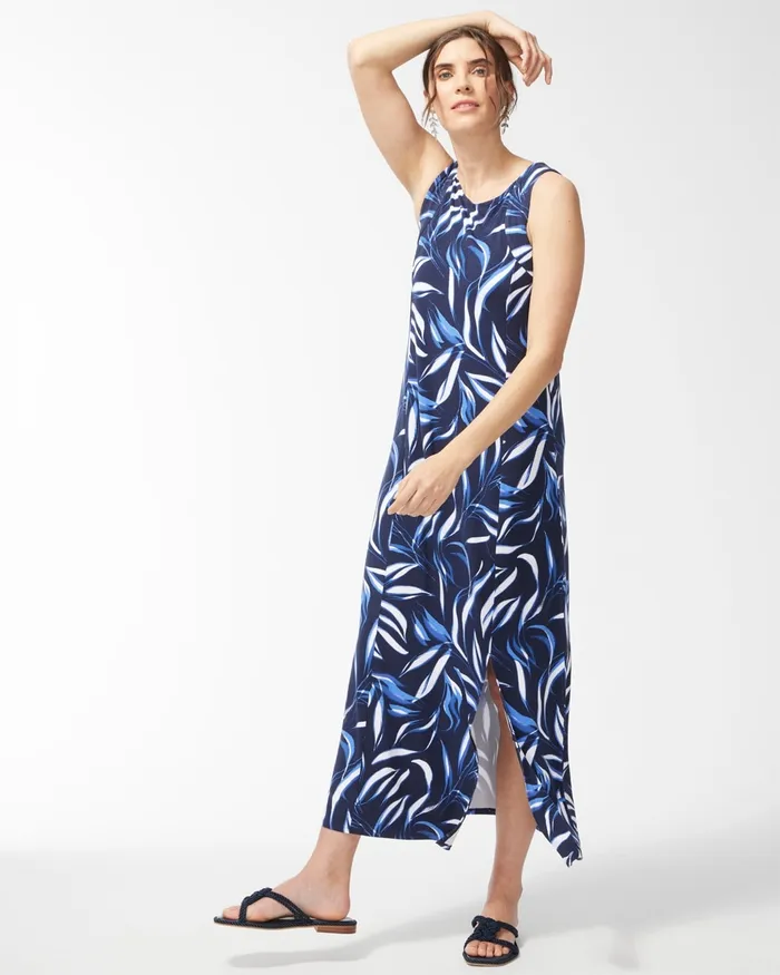 Chico039s Leaf Print Sleeveless Maxi Dress Classic Navy Women Dresses and Skirts