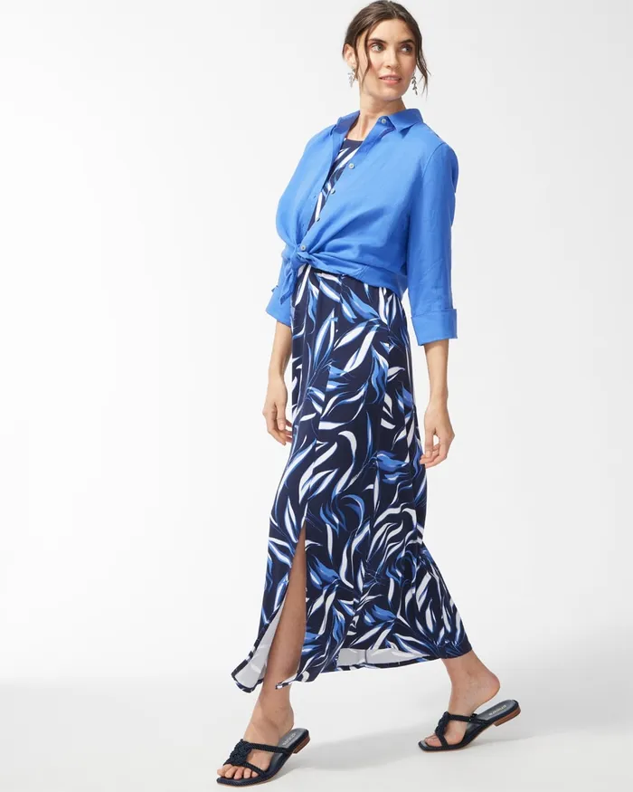 Chico039s Leaf Print Sleeveless Maxi Dress Classic Navy Women Dresses and Skirts