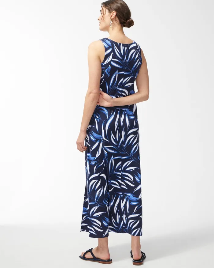 Chico039s Leaf Print Sleeveless Maxi Dress Classic Navy Women Dresses and Skirts