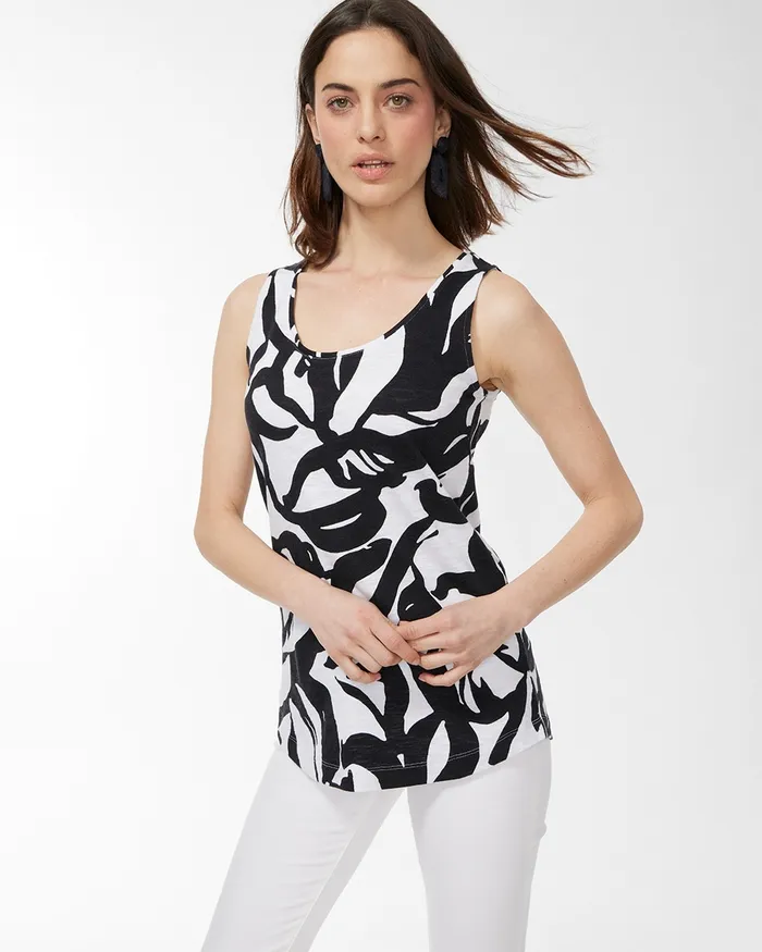 Chico039s Leaf Print Sleeveless Tunic Black Women Tops