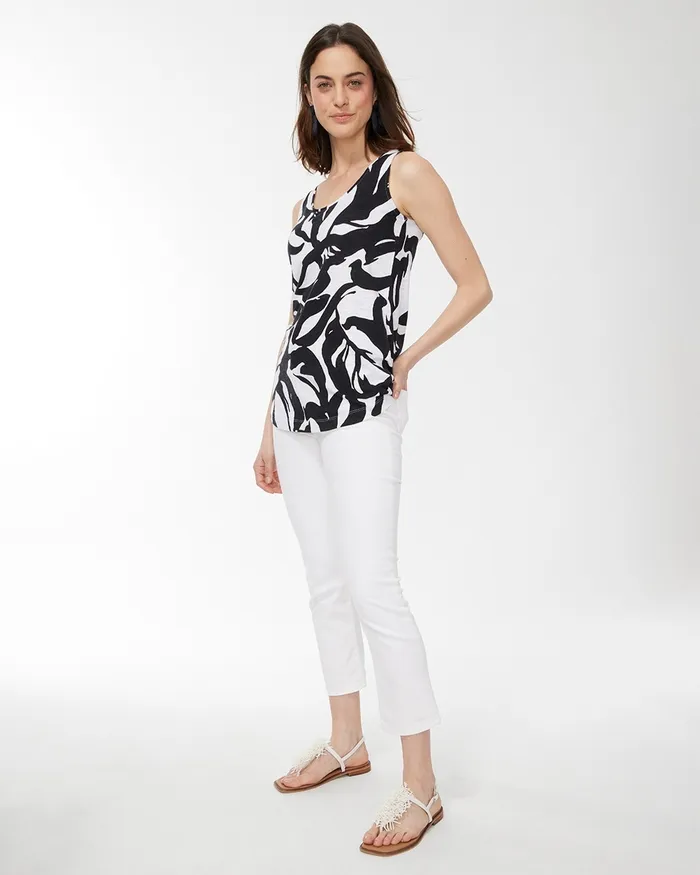 Chico039s Leaf Print Sleeveless Tunic Black Women Tops