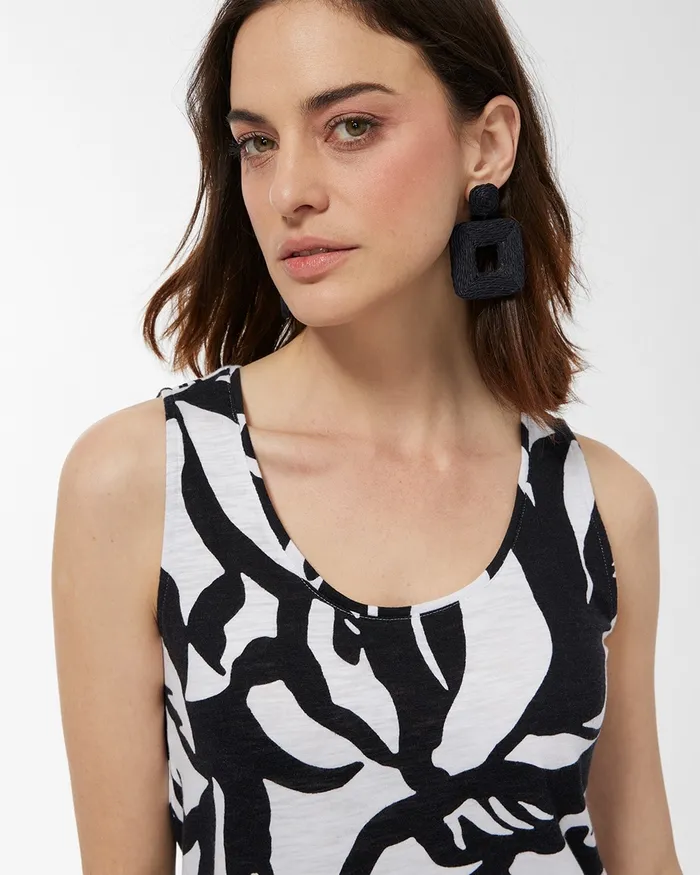 Chico039s Leaf Print Sleeveless Tunic Black Women Tops