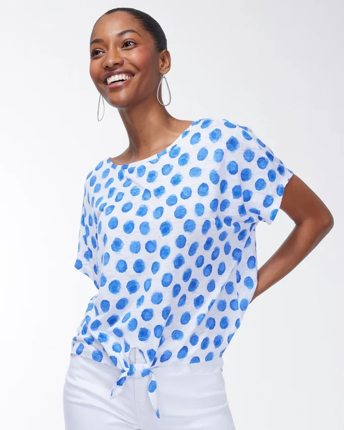 Chico039s Linen Blue Dots Tie Front Tee Poolside Blue Women Tees