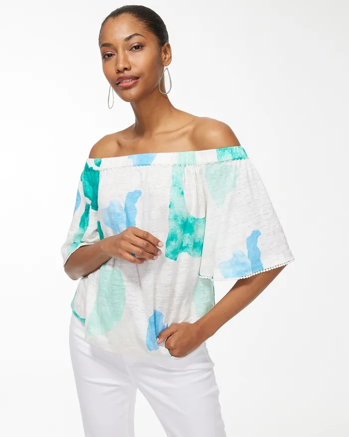 Chico039s Linen Confetti OffShoulder Top Flax Women Tops