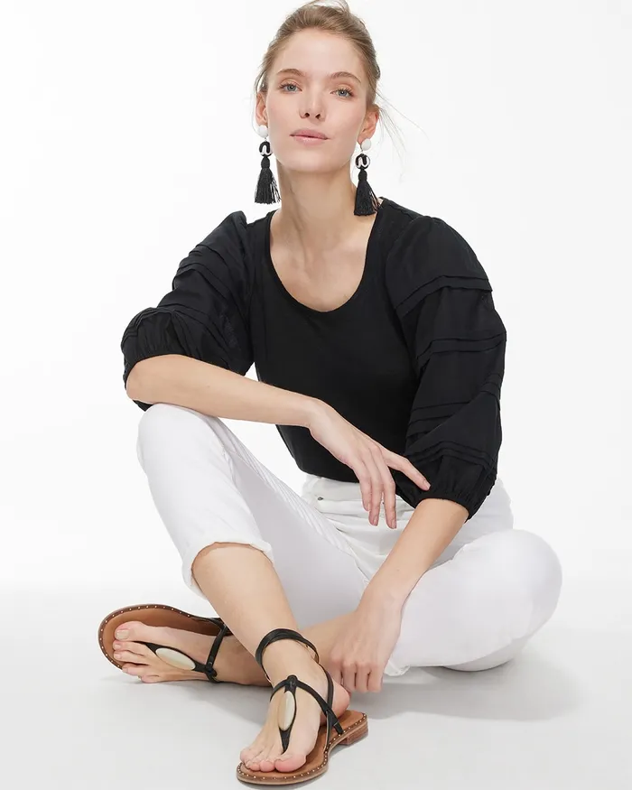 Chico039s Linen Detailed Sleeve Top Mango Ice Women Tees