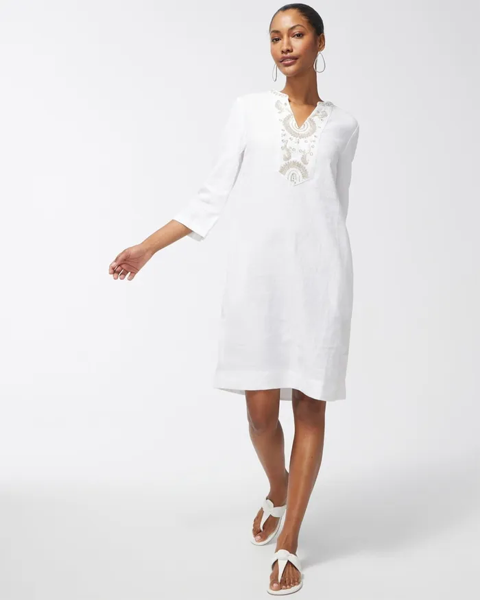 Chico039s Linen Embellished White Tunic Dress Alabaster Women Dresses and Skirts