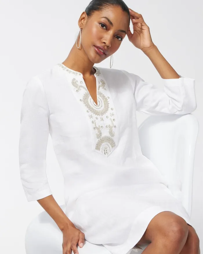 Chico039s Linen Embellished White Tunic Dress Alabaster Women Dresses and Skirts