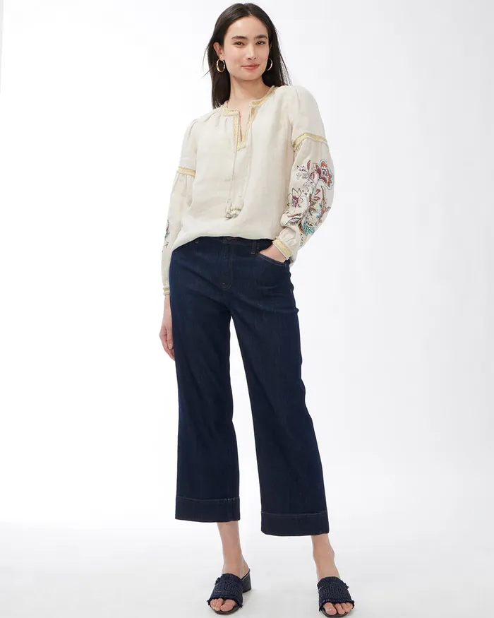 Chico039s Linen Embroidered Blouse Oatmeal Women Tops