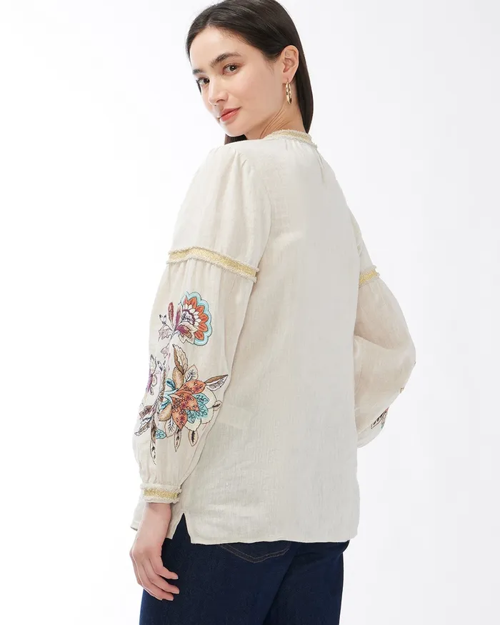 Chico039s Linen Embroidered Blouse Oatmeal Women Tops