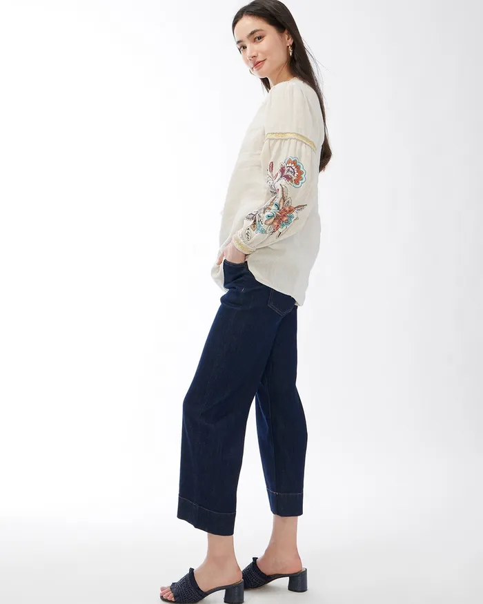 Chico039s Linen Embroidered Blouse Oatmeal Women Tops