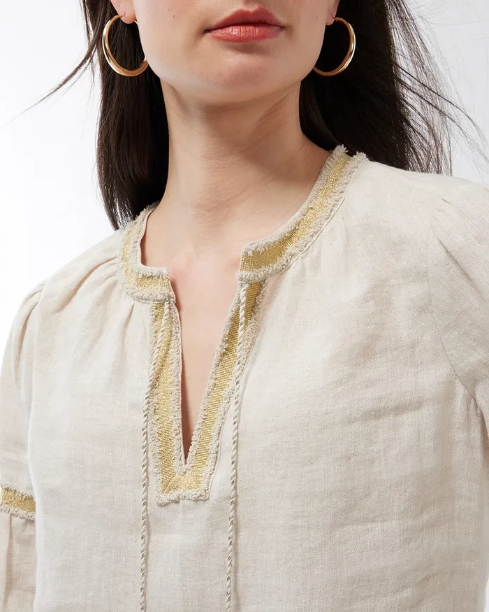 Chico039s Linen Embroidered Blouse Oatmeal Women Tops