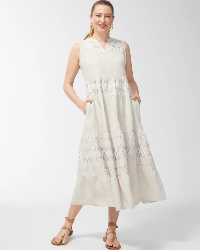 Chico039s Linen Embroidered Tiered Maxi Dress Oatmeal Women Dresses and Skirts