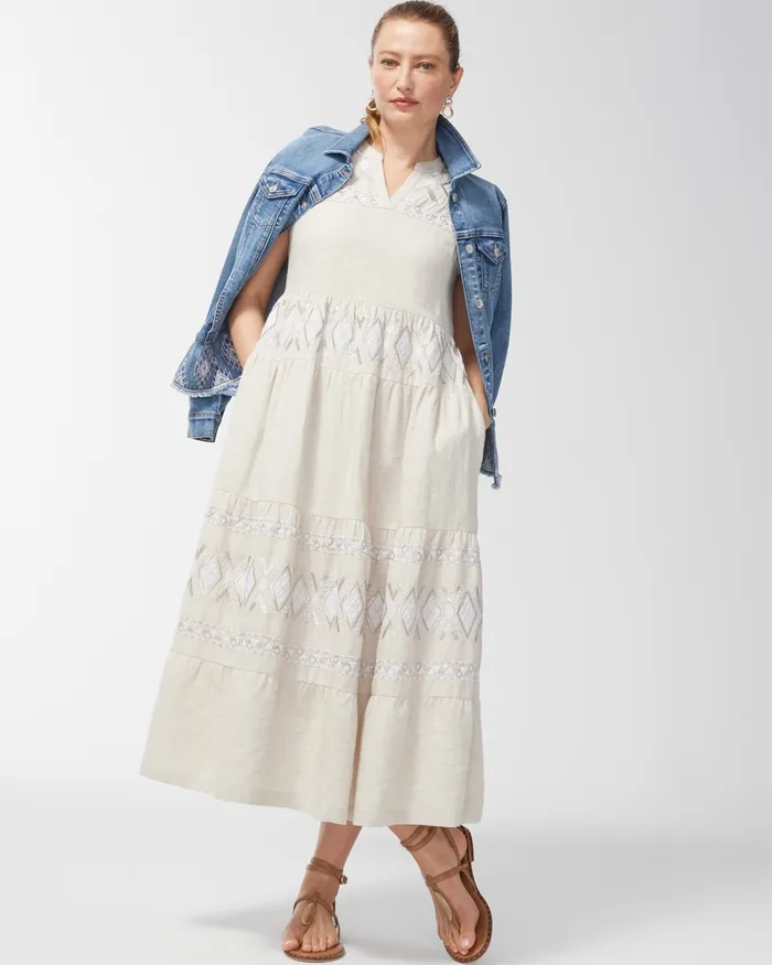 Chico039s Linen Embroidered Tiered Maxi Dress Oatmeal Women Dresses and Skirts