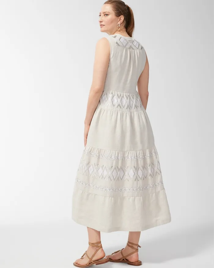 Chico039s Linen Embroidered Tiered Maxi Dress Oatmeal Women Dresses and Skirts