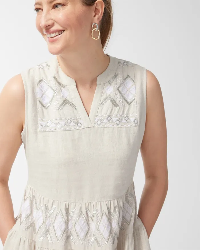 Chico039s Linen Embroidered Tiered Maxi Dress Oatmeal Women Dresses and Skirts