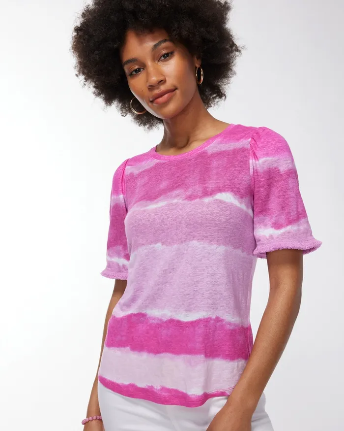 Chico039s Linen Fringe Sleeve Tie Dye Tee Bahamian Pink Women Tops