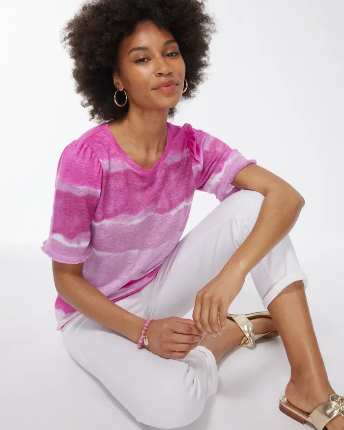 Chico039s Linen Fringe Sleeve Tie Dye Tee Bahamian Pink Women Tops