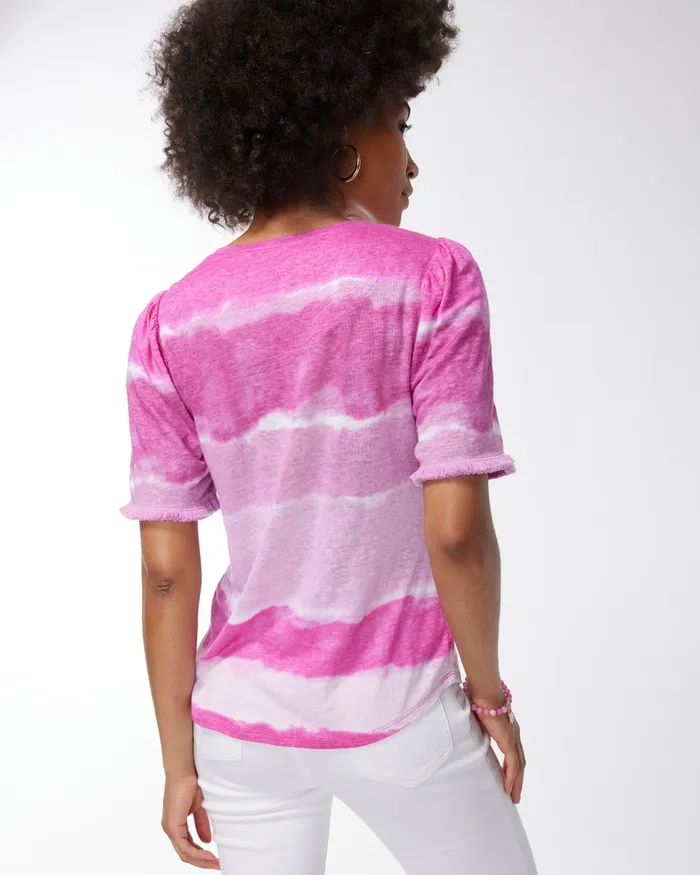 Chico039s Linen Fringe Sleeve Tie Dye Tee Bahamian Pink Women Tops