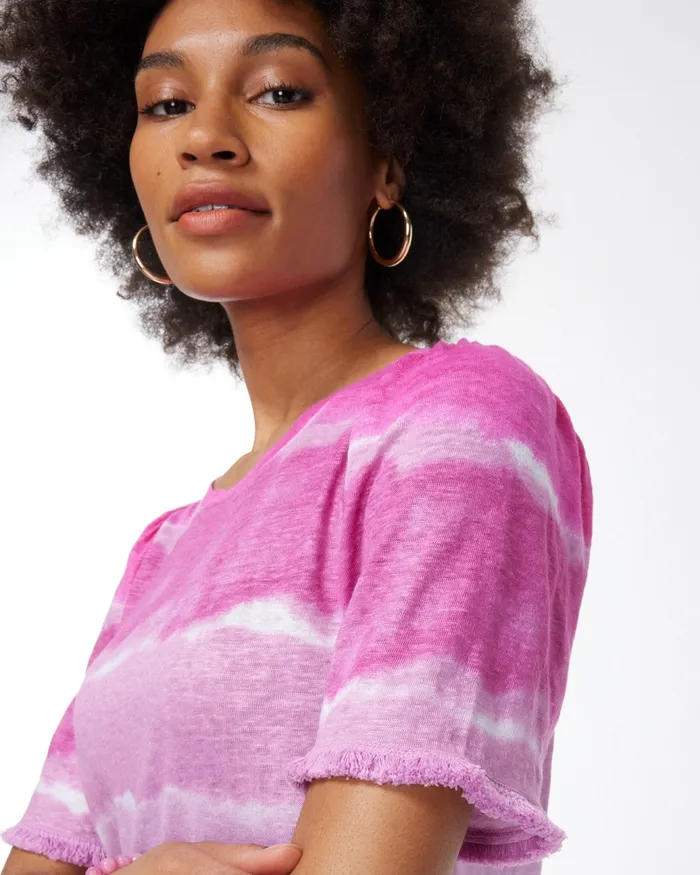 Chico039s Linen Fringe Sleeve Tie Dye Tee Bahamian Pink Women Tops
