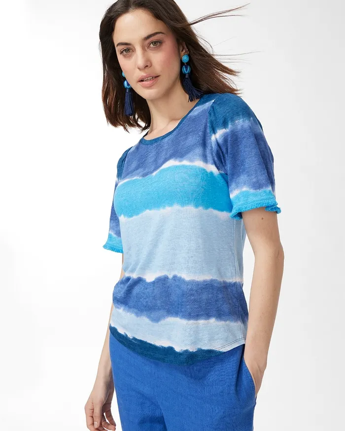 Chico039s Linen Fringe Sleeve Tie Dye Tee Poolside Blue Women Tees