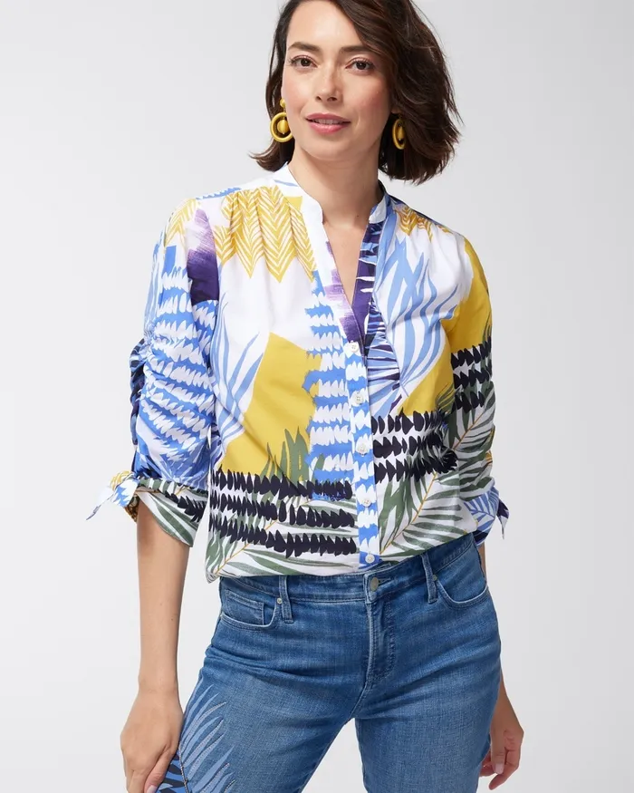 Chico039s Mixed Folliage Print Cotton Blouse Amparo Blue Women Tops