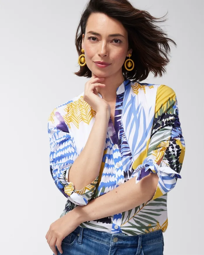 Chico039s Mixed Folliage Print Cotton Blouse Amparo Blue Women Tops