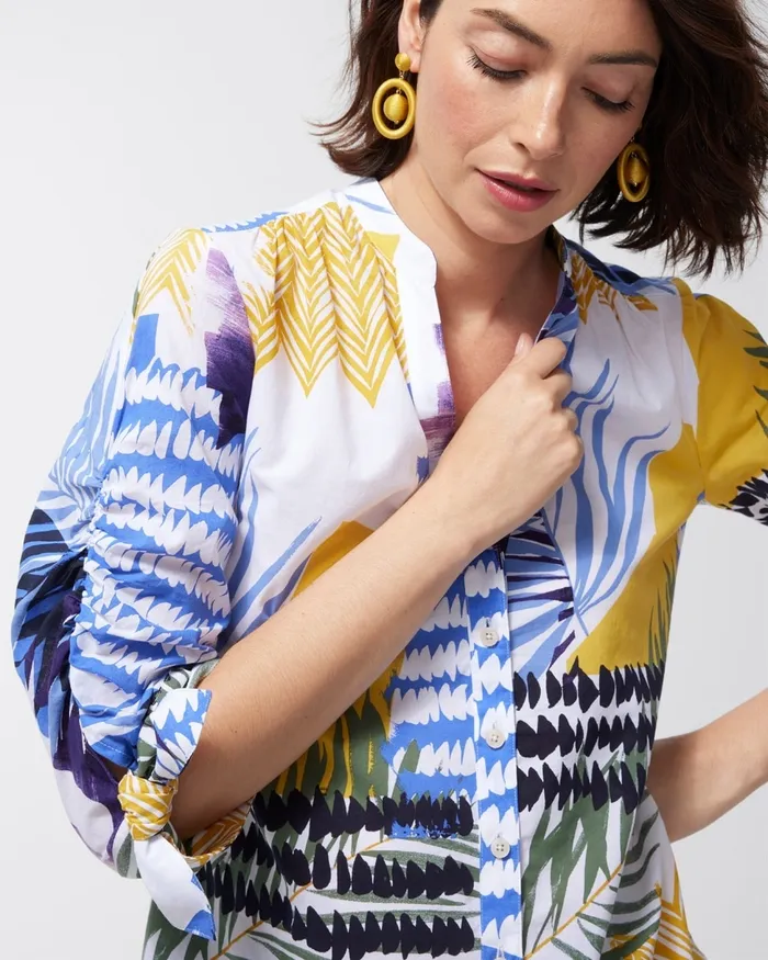 Chico039s Mixed Folliage Print Cotton Blouse Amparo Blue Women Tops