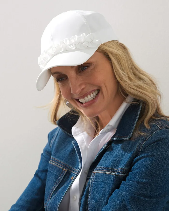 Chico039s Neema UPF Ruffle Baseball Cap Amparo Blue Women Hats
