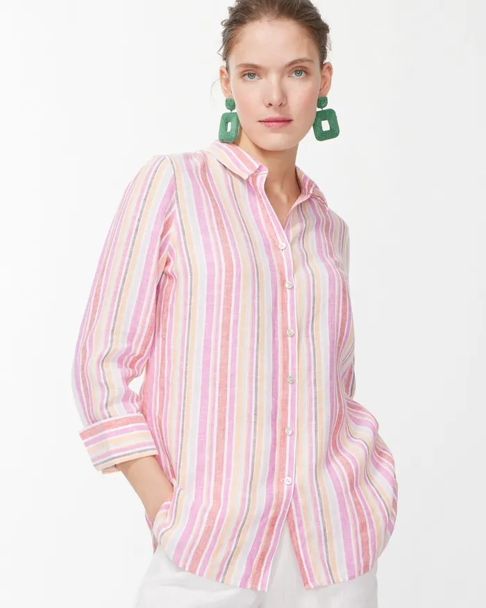 Chico039s No Iron Linen 34 Sleeve Stripe Shirt Mango Ice Women Tops