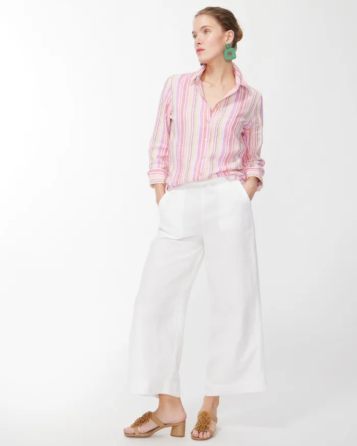 Chico039s No Iron Linen 34 Sleeve Stripe Shirt Mango Ice Women Tops