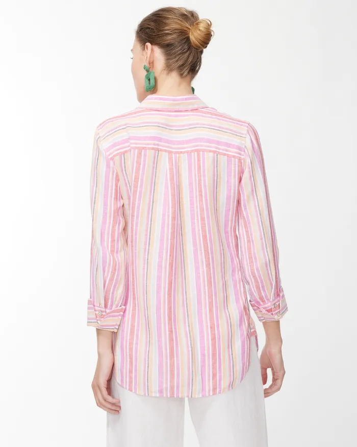 Chico039s No Iron Linen 34 Sleeve Stripe Shirt Mango Ice Women Tops