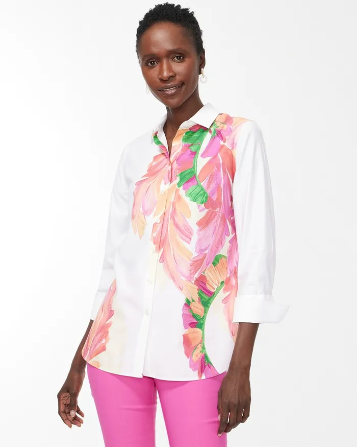 Chico039s No Iron Stretch 34 Sleeve Foliage Shirt Bahamian Pink Women Tops