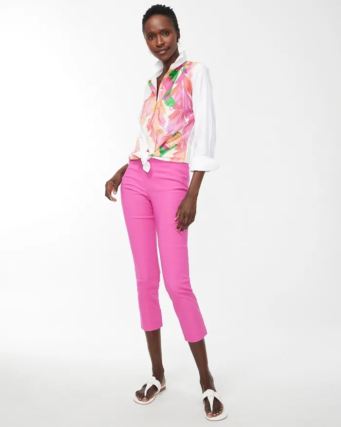 Chico039s No Iron Stretch 34 Sleeve Foliage Shirt Bahamian Pink Women Tops